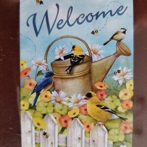 Garden Flag WELCOME Spring Birds Watering Can Bees Flowers NEW 24 x 36 inches
